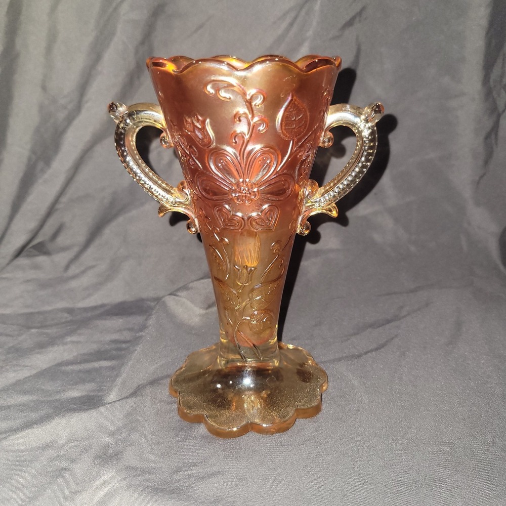 Antique c1915 Dugan "Mary Anne" Marigold Orange Carnival Glass Two Handled Vase